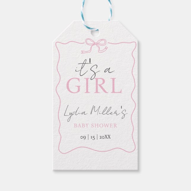 Pink Bow Baby Shower Einladung, Girl Baby Dusche Geschenkanhänger (Vorderseite)