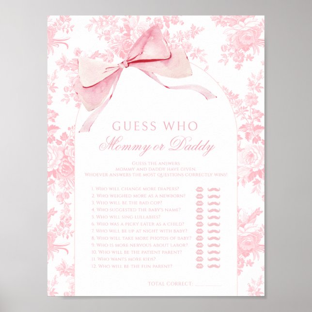 Pink Bow Baby Shower Game Guess Who Mommy Daddy Poster (Vorne)