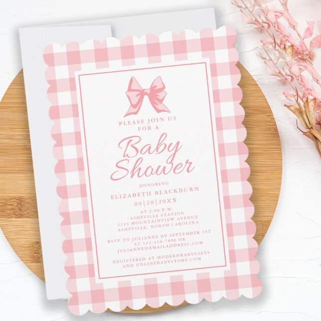 Pink Bow Baby Shower Gingham Pastel Girly Elegant Einladung (Pink Bow Baby Shower Gingham Check Girly Elegant Invitation)