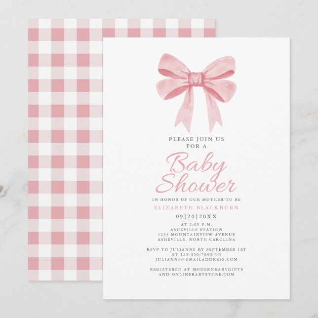 Pink Bow Baby Shower Girly Coquette Gingham Karo Einladung (Vorne/Hinten)
