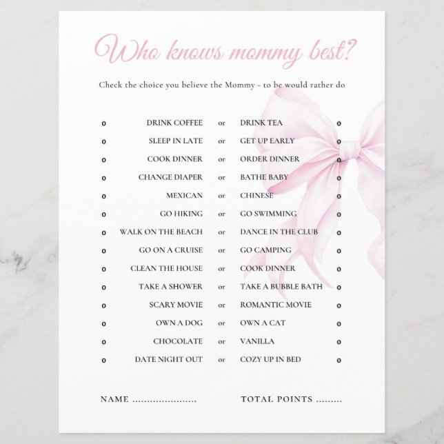Pink Bow Baby Shower kennt Mommy Best Game (Vorderseite)