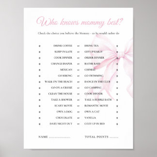 Pink Bow Baby Shower kennt Mommy Best Game Poster