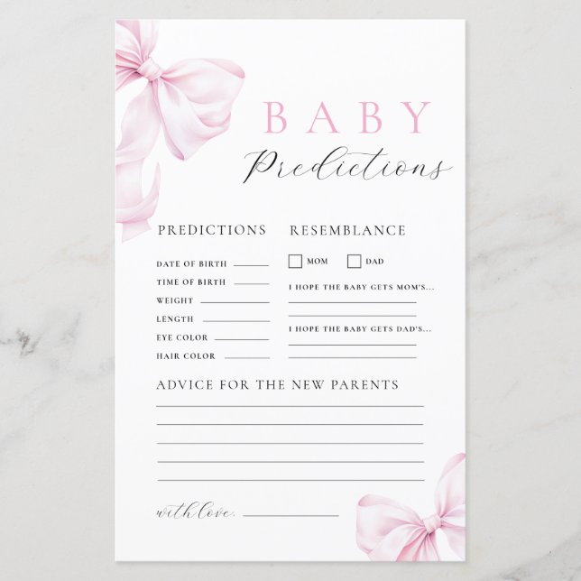 Pink Bow Baby Shower Prediction & Advice Game (Vorderseite)