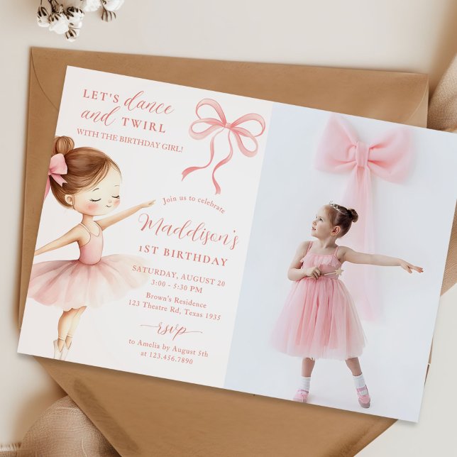 Pink Bow Ballet Dancer Girl Birthday Party Photo Einladung (Von Creator hochgeladen)