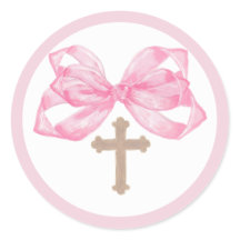 Pink Bow Baptism Envelope Seal Sticker Cross Round