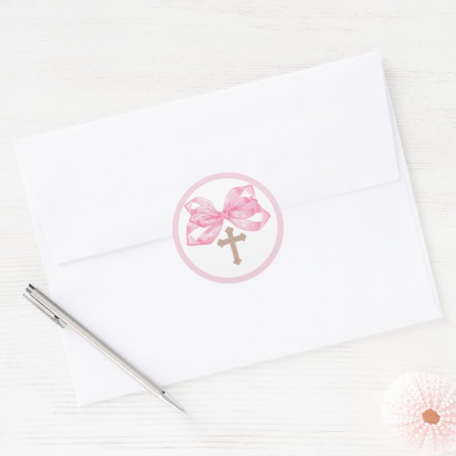 Pink Bow Baptism Envelope Seal Sticker Cross Round (Umschlag)