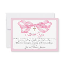 Pink Bow Baptism Thank You Card Watercolor Cross