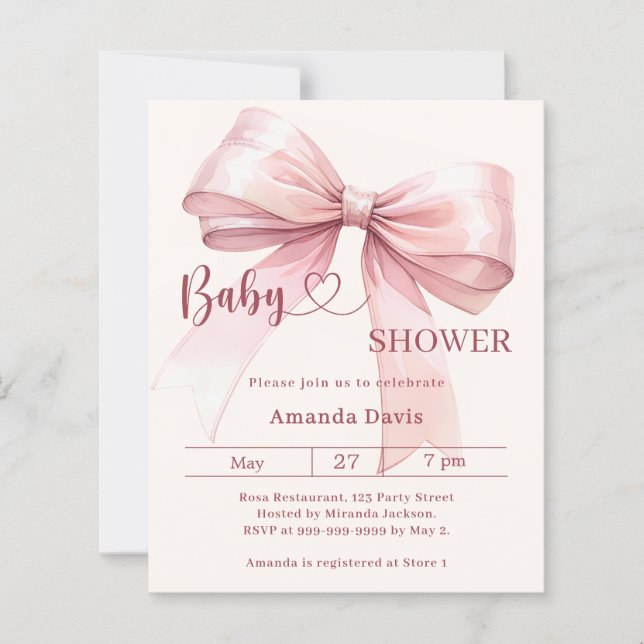 Pink bow beige girl Baby Shower invitation (Vorderseite)