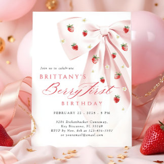 Pink Bow Berry Erster Geburtstag Einladung