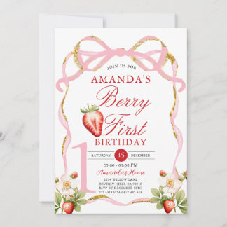 Pink Bow Berry First Strawberry Sweet Birthday Einladung