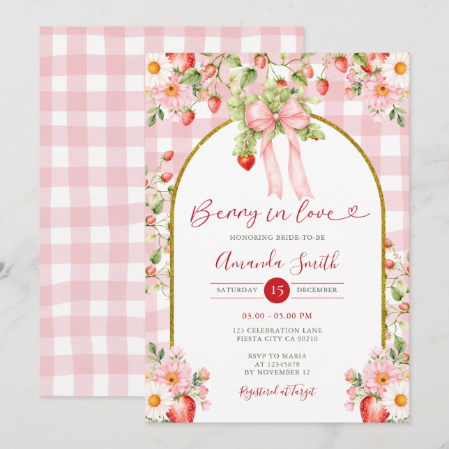 Pink Bow Berry in love strawberry Bridal Shower  Einladung (Vorne/Hinten)