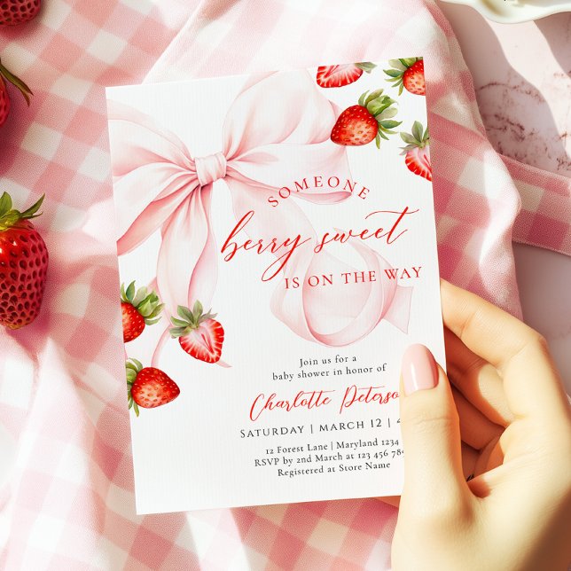 Pink Bow Berry Sweet Baby Shower Invitation Einladung (Von Creator hochgeladen)