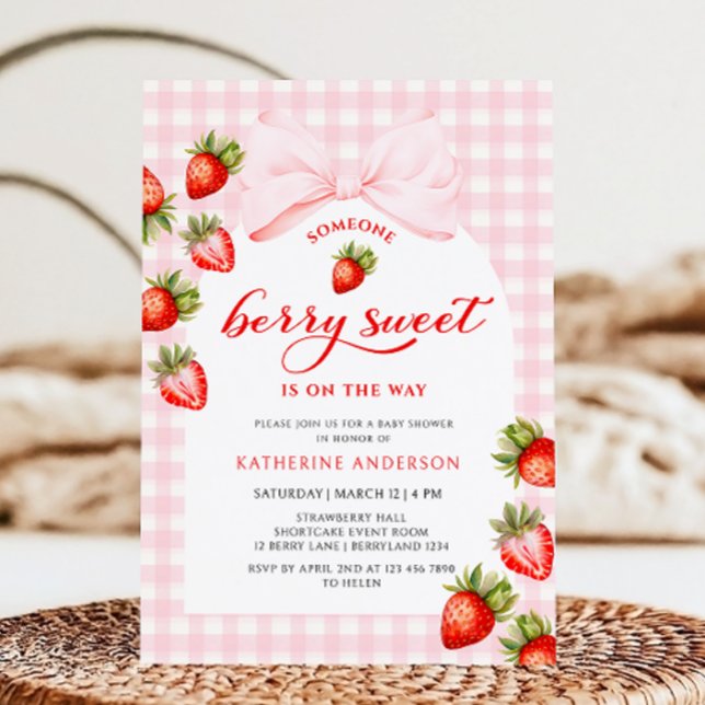Pink Bow Berry Sweet Strawberry Baby Dusche Einladung (Von Creator hochgeladen)