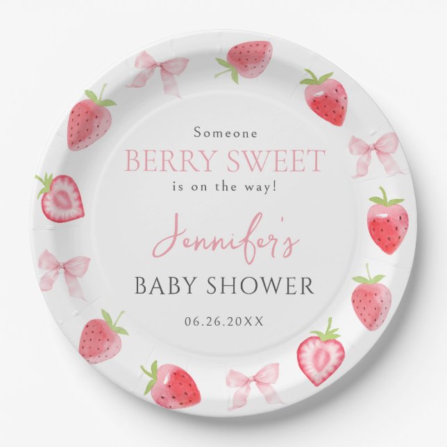 Pink Bow Berry Sweet Summer Baby Dusche Pappteller (Vorderseite)