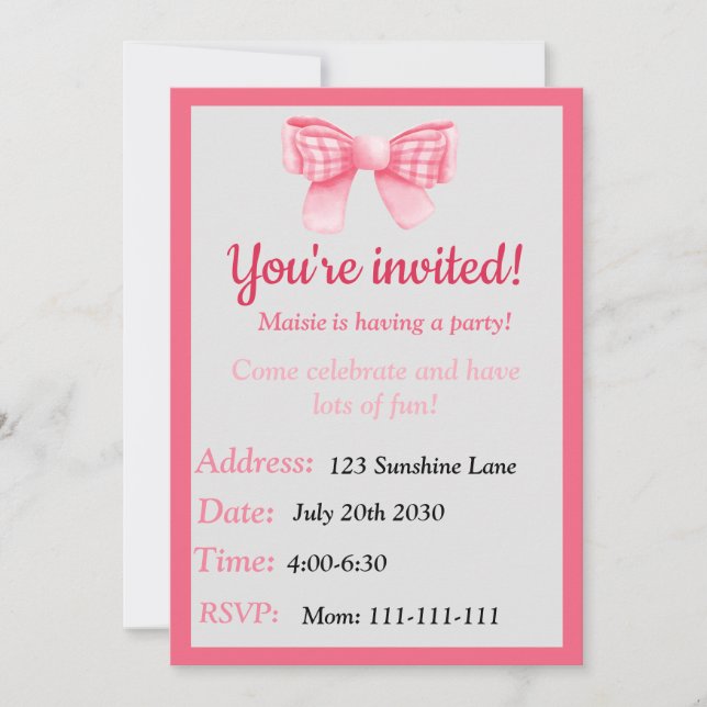 Pink Bow Birthday Invitation Einladung (Vorderseite)