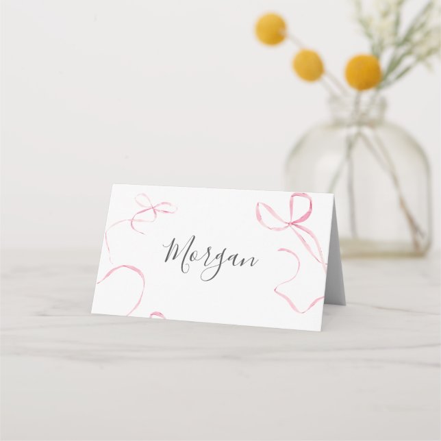 Pink bow Birthday Invitation, Preppy Girl Birthday Platzkarte (Vorderseite)