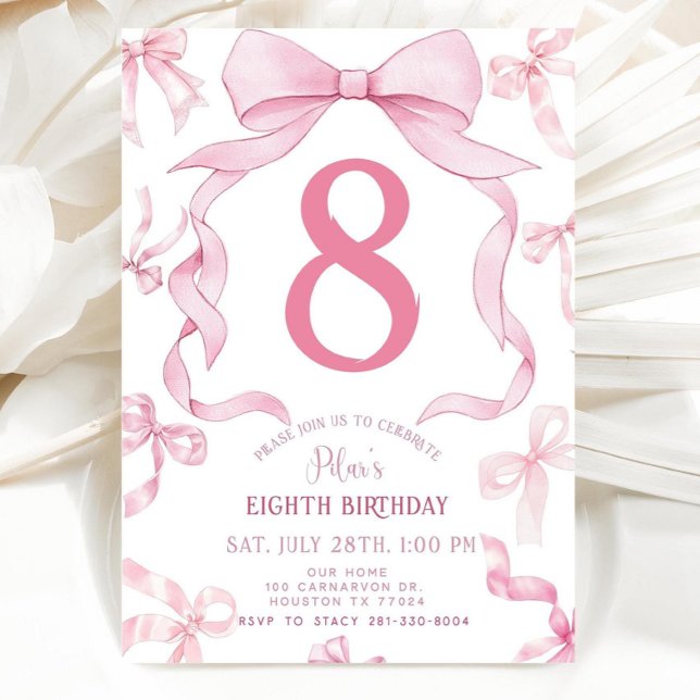 Pink Bow Birthday Invite, Girls 8th Birthday Invit Einladung (Von Creator hochgeladen)