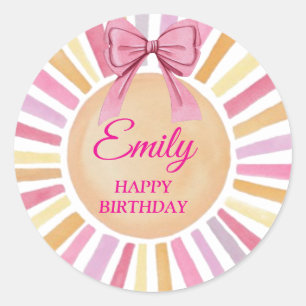 Pink Bow Birthday Party Baby Favor Sun Runder Aufkleber