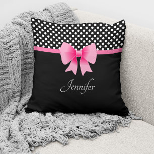 Pink Bow Black & White Polka Dots Muster Name Kissen