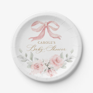 Pink Bow Bloral Blush Grüne Babydusche Pappteller