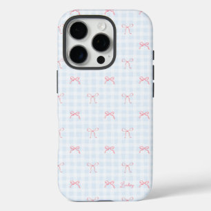 Pink Bow Blue Gingham Personalisiert Name iPhone 16 Pro Hülle