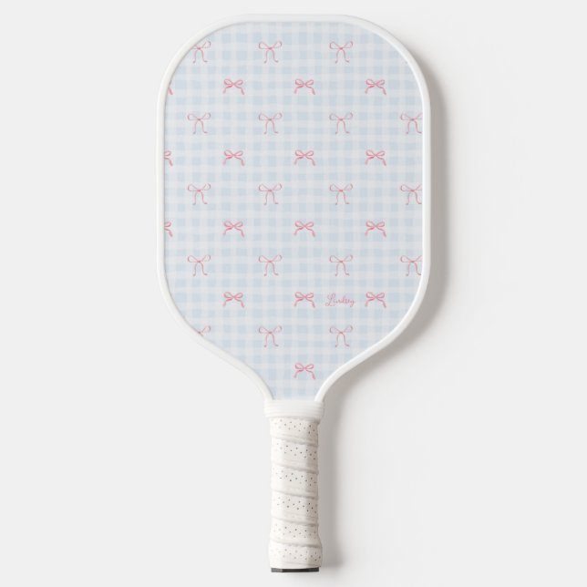 Pink Bow Blue Gingham Personalisiert Name Pickleball Schläger (Vorderseite)