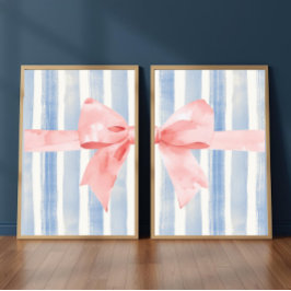 Pink Bow Blue Watercolor Stripes, Girly Aesthetic Bilderwand Sets