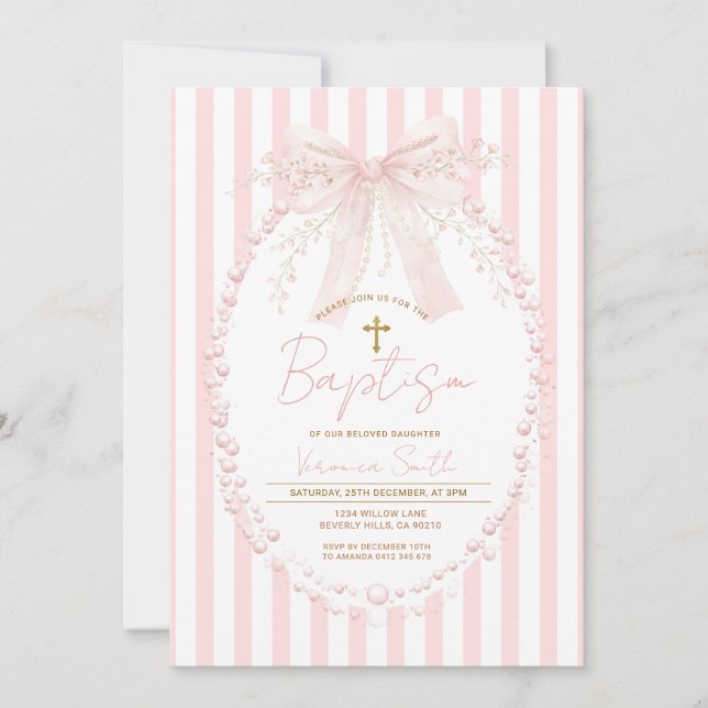 Pink Bow Blush Cross Stripes Baptism Invitation Einladung (Vorderseite)