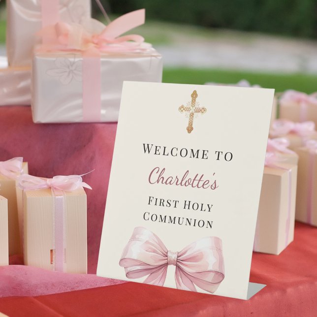 Pink bow blush ivory First Holy Communion welcome Sockelschild (Von Creator hochgeladen)