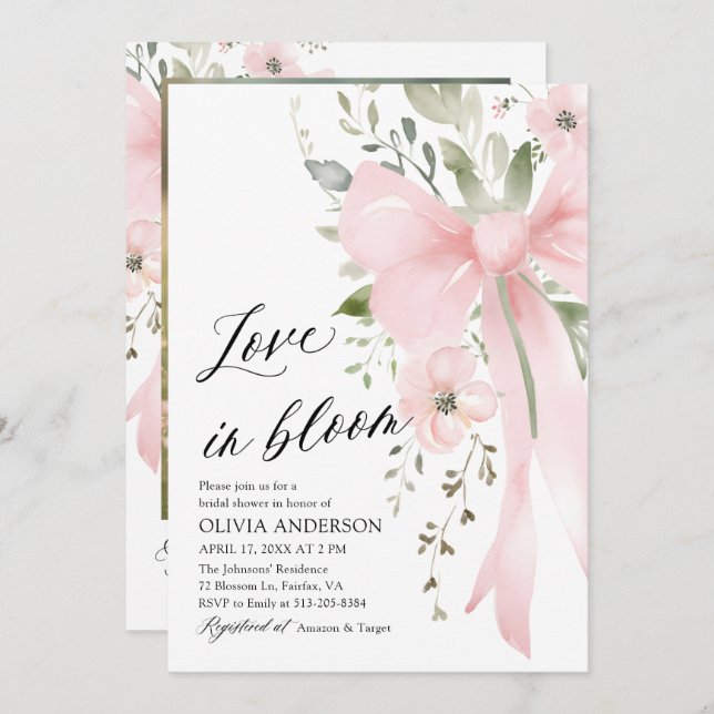 Pink Bow Blütenblümliche Liebe im Brautparty Bloom Einladung (Vorne/Hinten)