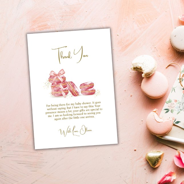 Pink Bow Bonjour Bébé Französisch Macarons Babydus Dankeskarte (Pink Bow Bonjour Bébé French Macarons Baby Shower Thank You Card)