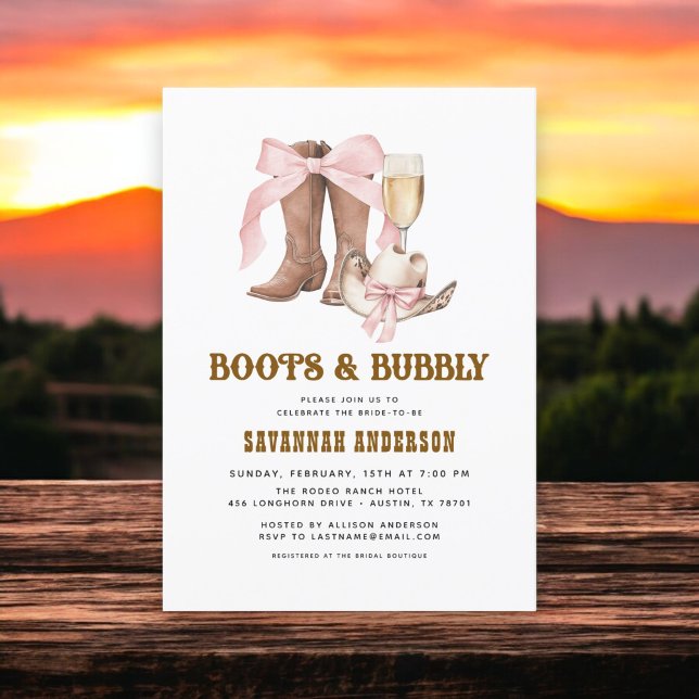 Pink Bow Boots & Bubbly Western Brautparty Einladung (Von Creator hochgeladen)