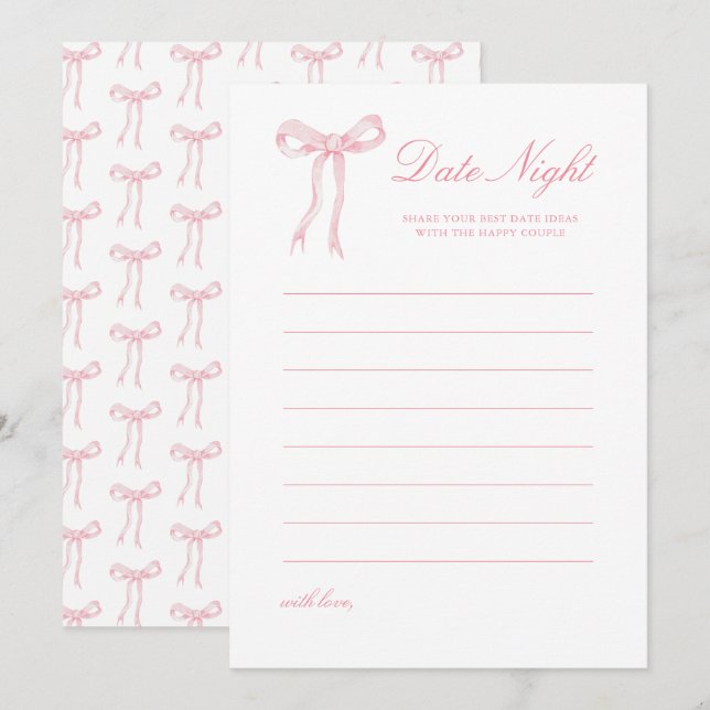 Pink Bow Brautparty Date Night Idecard Hinweiskarte (Vorne/Hinten)