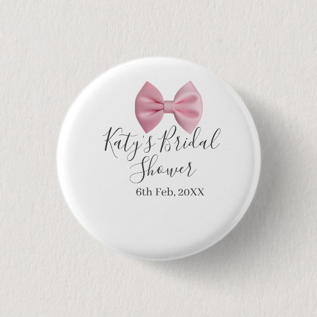 Pink bow bridal shower name date pastel stylish te button (Vorderseite)