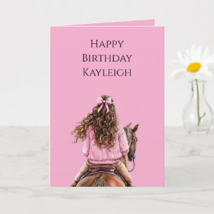 Pink Bow Brown Horse Brown Hair Girl Geburtstag Karte