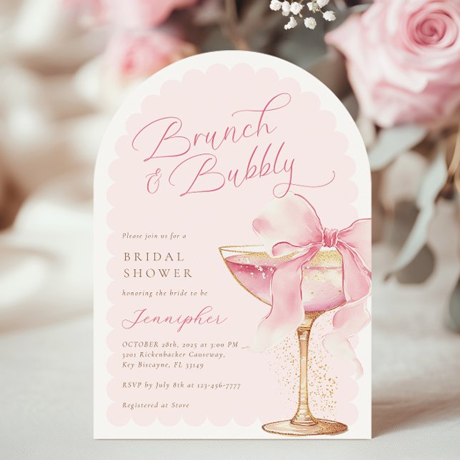 Pink Bow Brunch Bubbly Arch Brautparty Einladung (Von Creator hochgeladen)