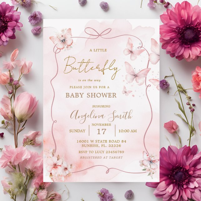 Pink Bow Butterfly Baby Dusche Einladung (Von Creator hochgeladen)