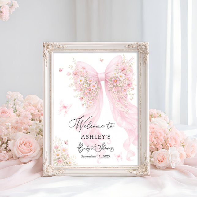 Pink Bow Butterfly Baby Shower Welcome Poster (Von Creator hochgeladen)