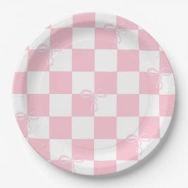 Pink Bow Checkered Girl Junggeselinnen-Abschied Pappteller