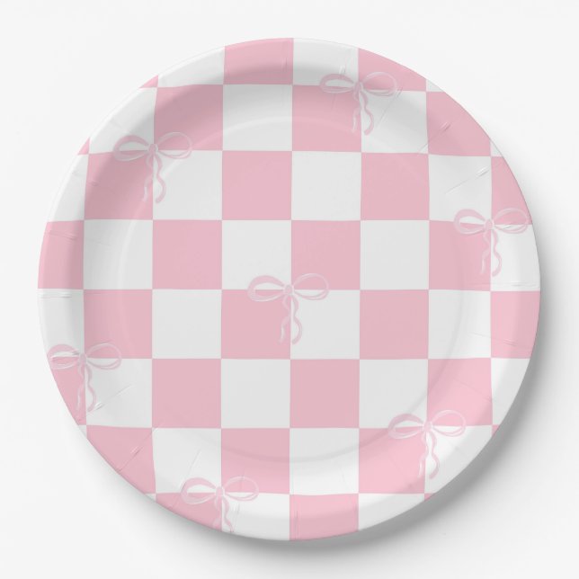 Pink Bow Checkered Girl Junggeselinnen-Abschied Pappteller (Vorderseite)