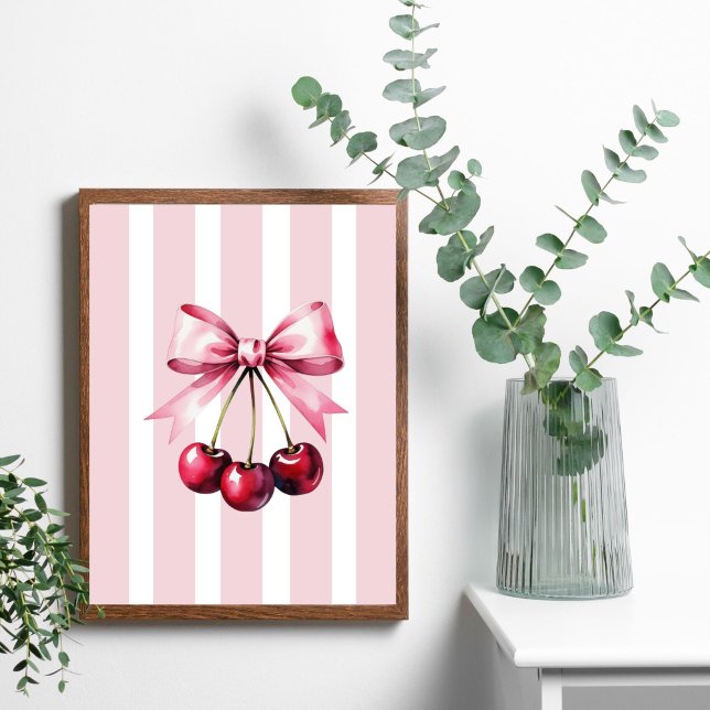 Pink Bow Cherries Coquette Ästhetische Streifen Gi Poster (Pink bow cherries wall art poster print. Trendy Girly Bedroom Dorm Room Apartment Wall Art)
