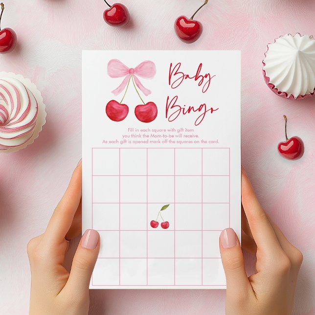 Pink Bow Cherry Baby Dusche Bingo Spiel (Von Creator hochgeladen)