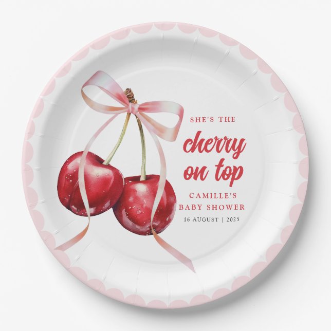 Pink Bow Cherry Baby Shower Paper Plate Pappteller (Vorderseite)
