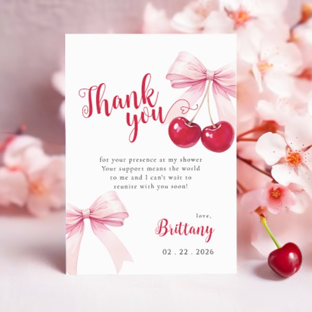 Pink Bow Cherry Baby Shower Thank You Card Dankeskarte (Von Creator hochgeladen)