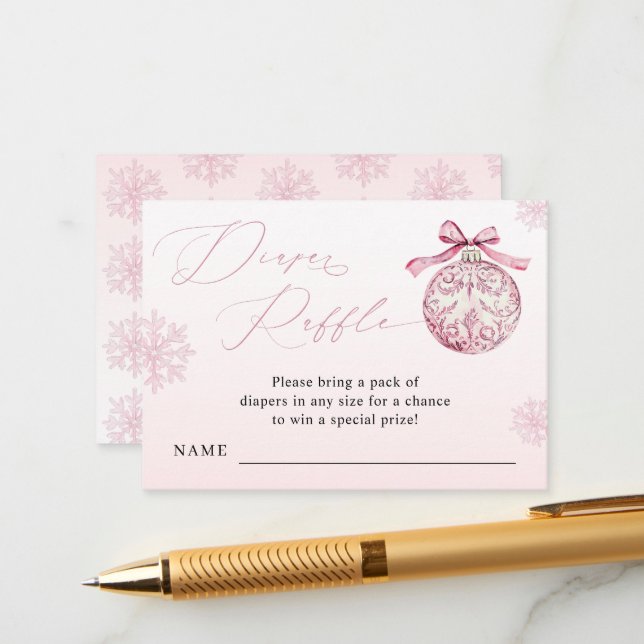 Pink Bow Christmas Ball Winter Girl Diaper Raffle Begleitkarte (Vorderseite/Rückseite Beispiel)