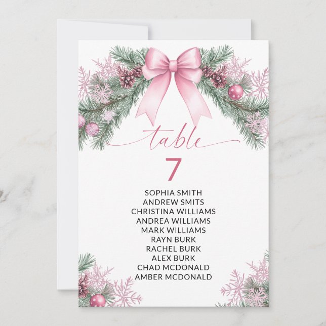 Pink Bow Christmas Table Number Seating Chart Einladung (Vorderseite)