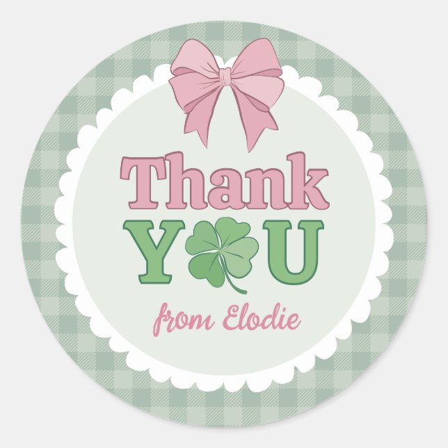 Pink Bow Clover Lucky One Thank You Runder Aufkleber (Vorderseite)
