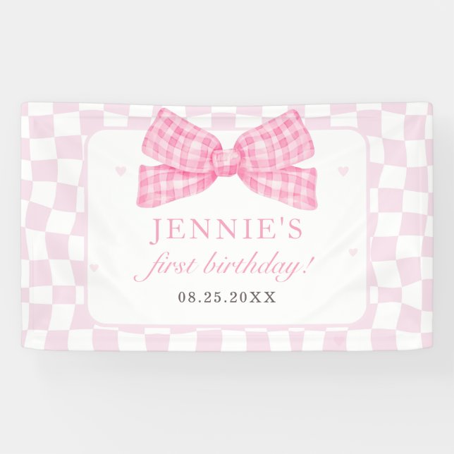 Pink Bow Coquette 1. Geburtstag Party Banner (Horizontal)