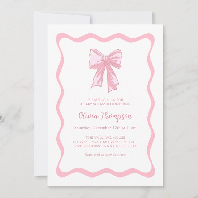 Pink Bow Coquette Babydusche Einladung (Vorderseite)