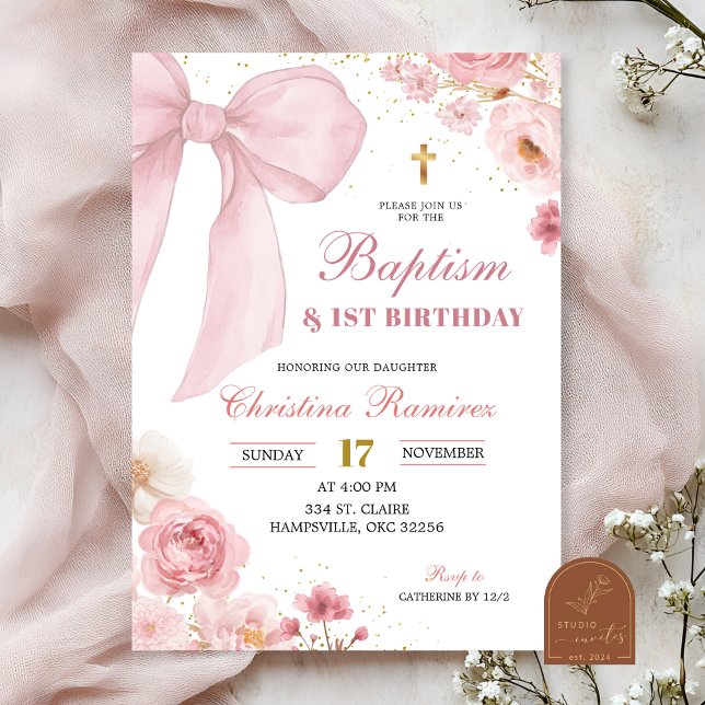 Pink Bow coquette Baptism & First Birthday  Einladung (Von Creator hochgeladen)